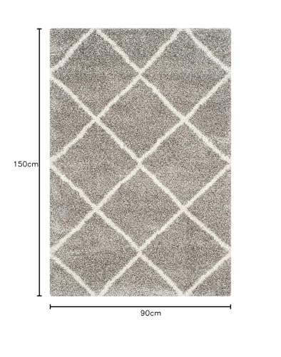 Image of Trellis Design Microfiber Hand Woven Shaggy Carpet Collection with 2 inch Pile Height Carpet for Living Room Size 3x5 feet coular Lgrey /Ivory