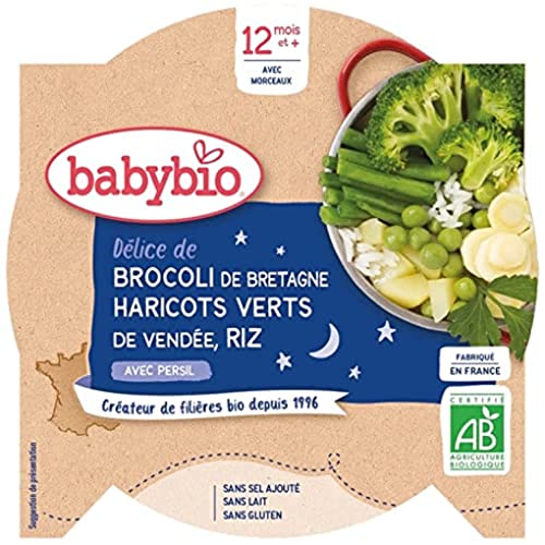 Babybio – Bonne Nuit – Assiette Brocoli Haricots Verts de Vendée Riz 230g – 12+ Mois – Lot de 1