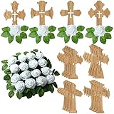Weysat 16 Sets Wooden Crosses for Crafts Baptism Centerpieces for Tables Standing Wooden Cross with Base and Artificial Flowers Fake Roses First Communion Centerpieces for Wedding Home Decor(Brown)