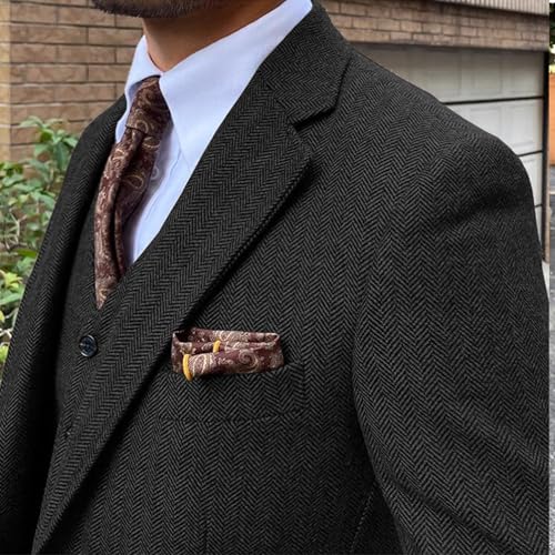 Men's Retro 3 Piece Tweed Suit,Vintage Herringbone Suit for Men's Wedding Prom Business Casual Wear,Blazer Vest Pants Set (US, Alpha, Large, Regular, Regular, Black) by ANSHUHAI - Used condition - Image 4