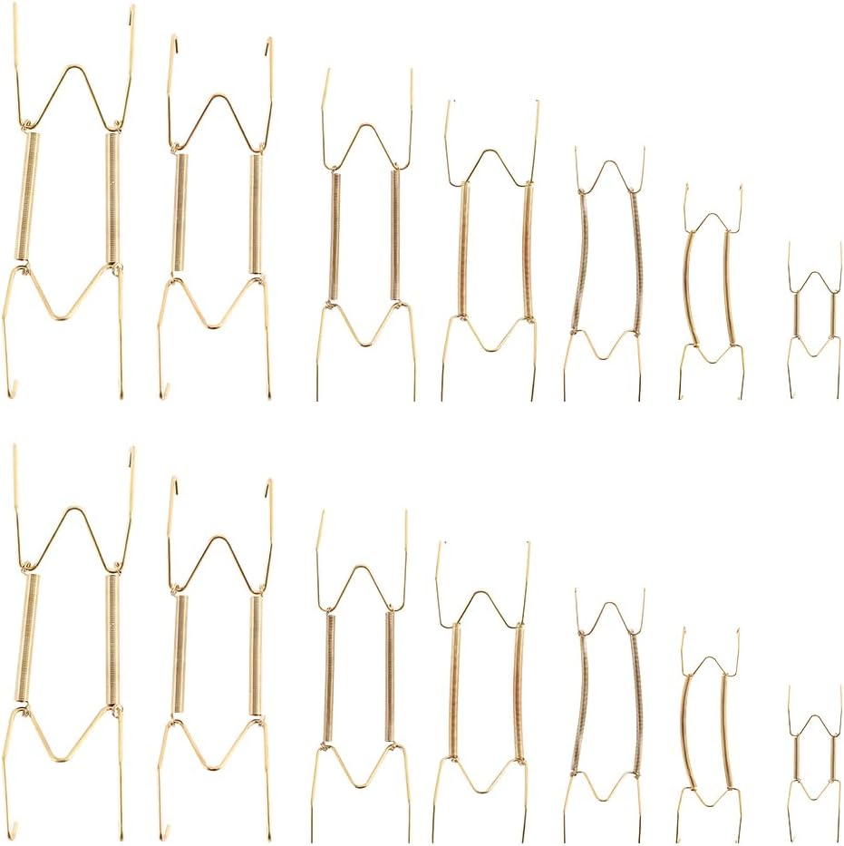 14 Pcs Golden Stainless Steel Plate Hangers W Type Dish Spring Holder Hanging Invisible Hook for Decorative Plates and Art (6/7/8/10/12/14/16 Inch)