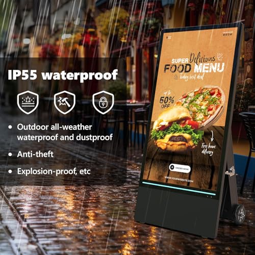 Image of 43 Inch Outdoor Digital Signage Kiosk, IP65 Waterproof Portable A-Frame LCD Display with Rechargeable Battery, 2000-Nit Auto-Brightness and Impact-Resistant Screen for Retail Store