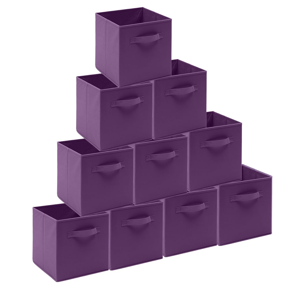 BonChoice Foldable Storage Cubes Boxes with Handle for Home Organization, Fabric Wardrobe Storage Box Organizer Basket Bins for Clothes Toys Towels, Collapsible&Durable (10, Purple)