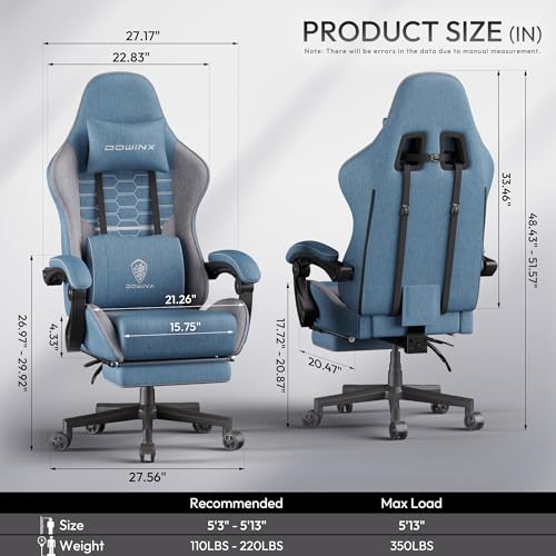 Image of Dowinx Gaming Chair Fabric Big and Tall with Pocket Spring Cushion, Massage Game Chair Cloth with Headrest, Ergonomic Computer Chair with Footrest 350LBS