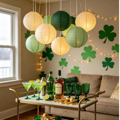 Image of Boho Chinese Paper Lanterns LED Lights, 10-Pack 12inch | Hanging Lights in Cream, Sage & Forest Green for Garden Party, Boho Wedding, Birthday Decorations & Home Party