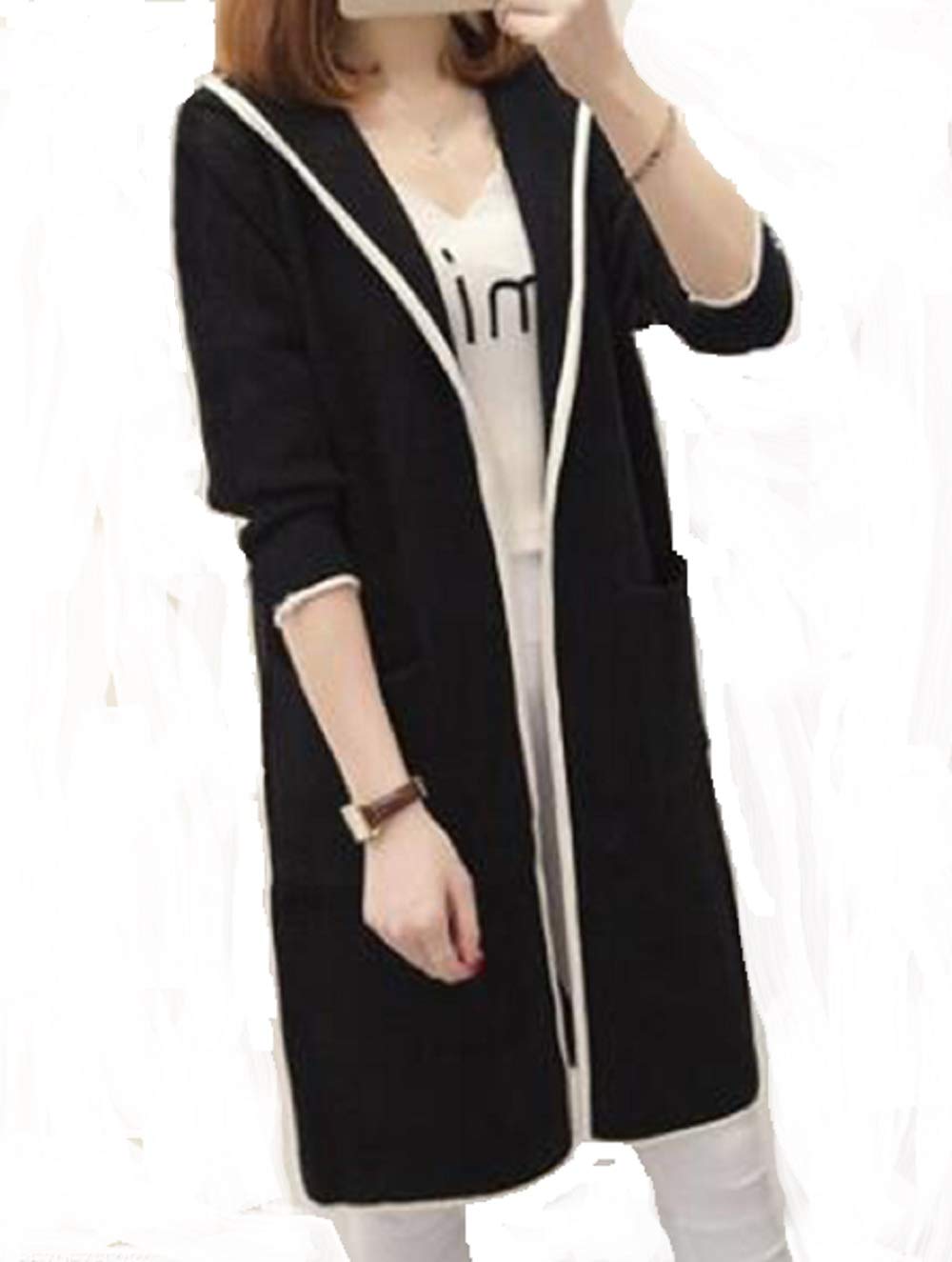 KHLSHOP Hooded Contrast Piping Patch Pocket Longline Coat SKU:78570E7EF28A (Black, S)