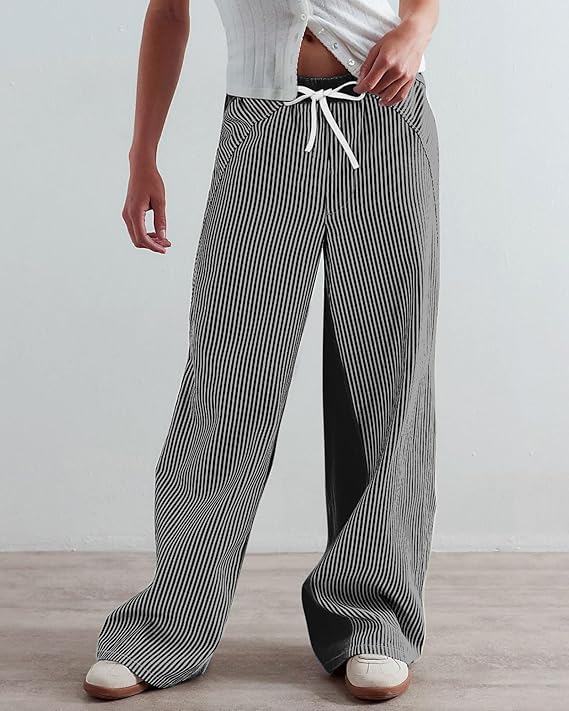 Women Drawstring Striped Pants Loose Wide Leg Casual Lounge Cropped Denim Pants Y2K Low Rise Baggy Barrel Jeans with Pockets2