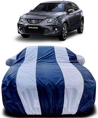 Image of PURPLEHEART Car Body Cover Compatible with Maruti Suzuki Baleno Car Cover Body with Mirror Pocket Triple Stitched Bottom Elastic Water Resistant UV Protection & Dustproof Car Cover-Blue & White-B