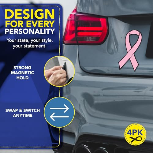Image of Magnet Me Up Pink Ribbon Magnet 3.5 inchx7 inch Breast Cancer Awareness - 4 Pack, UV Printed Vinyl, Waterproof Car Magnetic Decal, Strong Hold, Ribbon Magnet for Car, Fridge, Crafted in USA