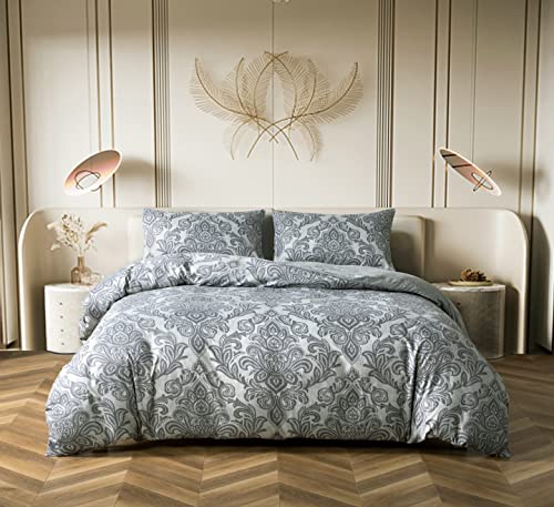 Best Linen 4 Piece Duvet Cover Set Microfiber Quilt Cover Pillow Case & Fitted Sheet Complete Bedding Set Easy Care Machine Wash Anti Allergic (Grey