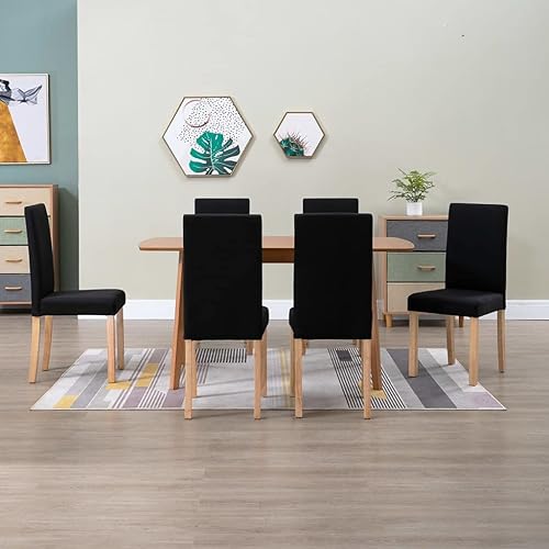 Dining Chair Set of 6 Black Fabric Upholstered with Solid Rubber Wood Frame Modern Ergonomic Design for Dining Room Kitchen and Living Room