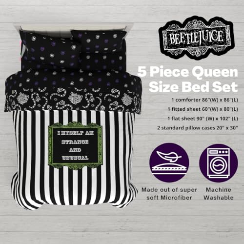 Image of Franco Collectibles Beetlejuice Halloween Striped Bedding 5 Piece Super Soft Reversible Comforter and Sheet Set, Queen, (Officially Licensed Product)