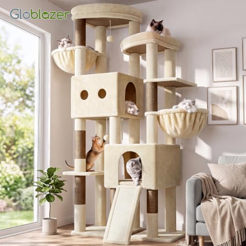 Image of Globlazer Sturdy Cat Tower for Indoor Cats 20lbs, 76in, S76E, Beige