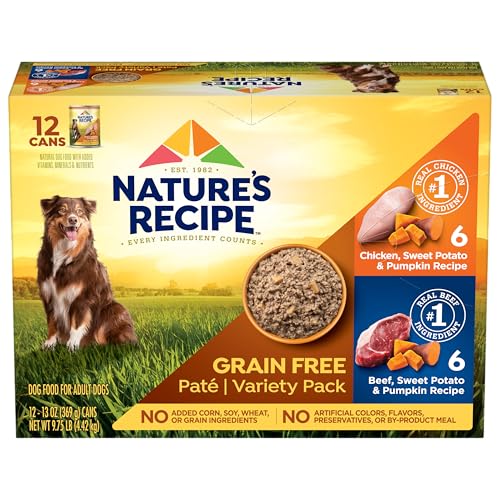 Natures Recipe Grain Free Wet Dog Food Pat Variety Pack Chicken and Beef Recipes with Sweet Potato & Pumpkin 13oz. Cans (Pack of 12 Cans)