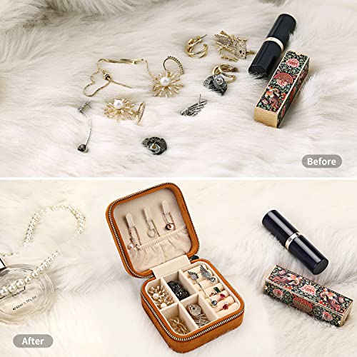 Image of Plush Velvet Travel Jewelry Case Organizer, Small Portable Display Storage Box For Rings, Earrings, Necklaces, Gift for Mother Mom, Girl, Daughter, Sisters, Bridesmaids, Mother's Day Gift (Caramel)