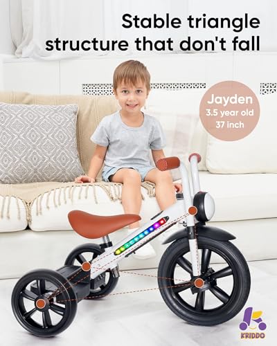 Image of KRIDDO Kids Tricycle, 12 Inch Puncture Free Wheel w Front Light, Adjustable Seat Height, Gift for 2-5 Year Olds, WhiteLED