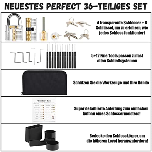 Diyife 36 Stück Lockpicking Set, [Schwierigkeit Upgrade] Dietrich Set mit 4 Transparente Schlösser und 4 Schwarze Verschlusshülsen, Handbuch für Anfänger und Professionelle Schlosser - Schwarz
