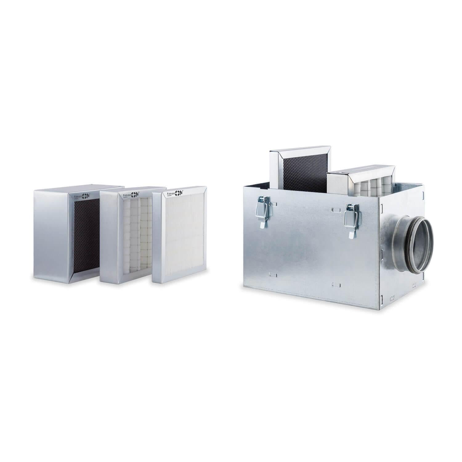Caja Portafiltros de Acero Galvanizado para Filtros de Panel - ø200mm - 240x245 mm / F7 + F9 + Carbón activo