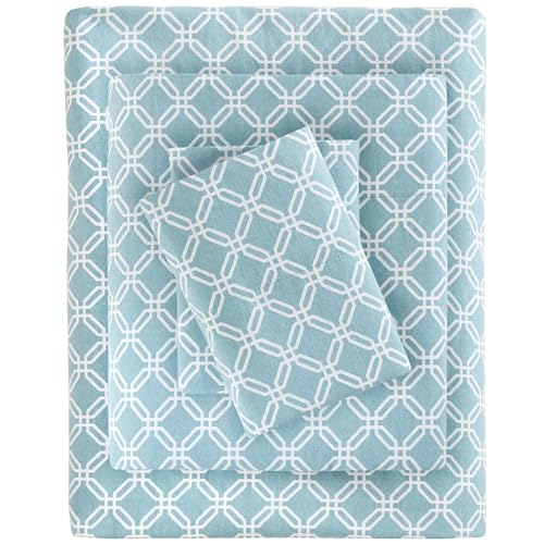 Image of True North by Sleep Philosophy Cozy Flannel Warm 100% Cotton Sheet - Novelty Print Animals Stars Cute Ultra Soft Cold Weather Bedding Set, King, Aqua Geo 4 piece
