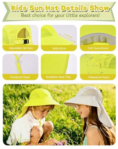 Image of Rosoz Kids Sun Hat with Neck Flap UV Protection Summer Toddler Beach Hat Unisex Ponytail Hat Wide Brim Fishing Hat
