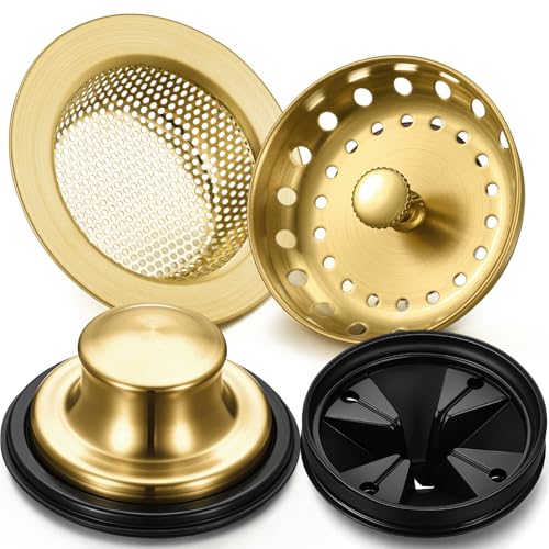 Yiyiring 4 Pcs Brushed Gold Kitchen Sink Accessories Garbage Disposal Splash Guards 3.4'' Sink Drain Strainer and Stopper Stainless Steel Garbage Disposal Plug for Kitchen Drain Strainer