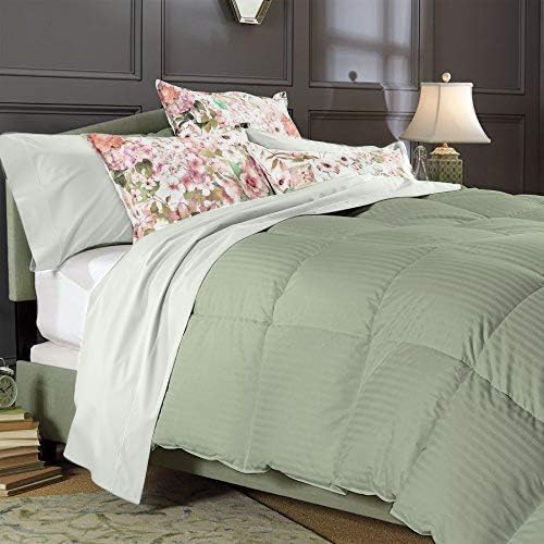 600 Thread Count Oversize Super King Size Alternative 3 Piece Comforter Set with 100% Natural Egyptian Cotton Stripe Cover - Sage