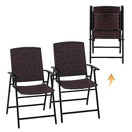 MFSTUDIO Juego de 2 sillas de jardín plegables de ratán sintético, resistentes a la intemperie, fáciles de montar, sillas de mimbre para exteriores, bistró, patio, balcón, sillas de comedor