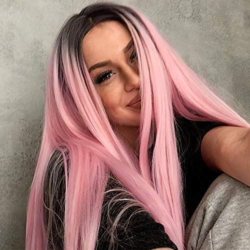 Vigorous Ombre Pink Long Straight Wigs for Women Middle Part Wig with Dark Roots Synthetic Full Wig for Party Daily Use Wig Hot Lovely Pink Color 28 Inches.(Ombre Pink)