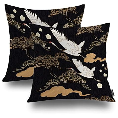 Shrahala Japanese Crane Birds Decorative Pillow Covers, Black Asian Oriental Bonsai Tree Cherry Blossom Flower Vintage Cushion Case for Sofa Bedroom Car Cushion Square 18 x 18 Inches Set of 2 Cover
