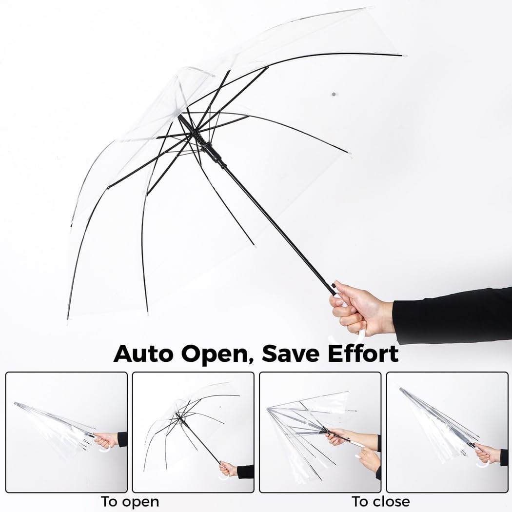4Pcs Wedding Umbrellas, Clear Auto Open Bubble Umbrellas With J Handle, Windproof Rain Protection For Special Occasions