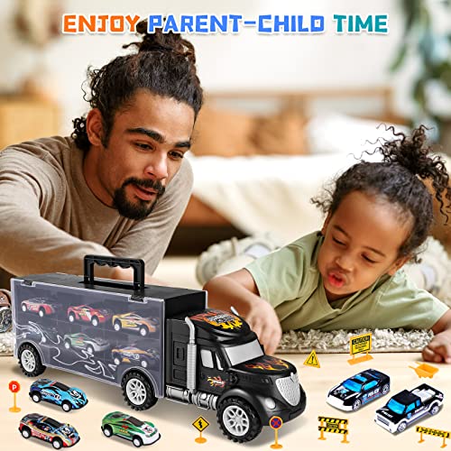 Toddler Toys For Boys Age 3-4, Transport Carrier Truck Toy Car With 12 Die-Cast Vehicles - 6 Friction Powered Racing Car & Police Playset, Excellent Toddler Gift Toys For 3 4 5 Years Old Boys #TOP4