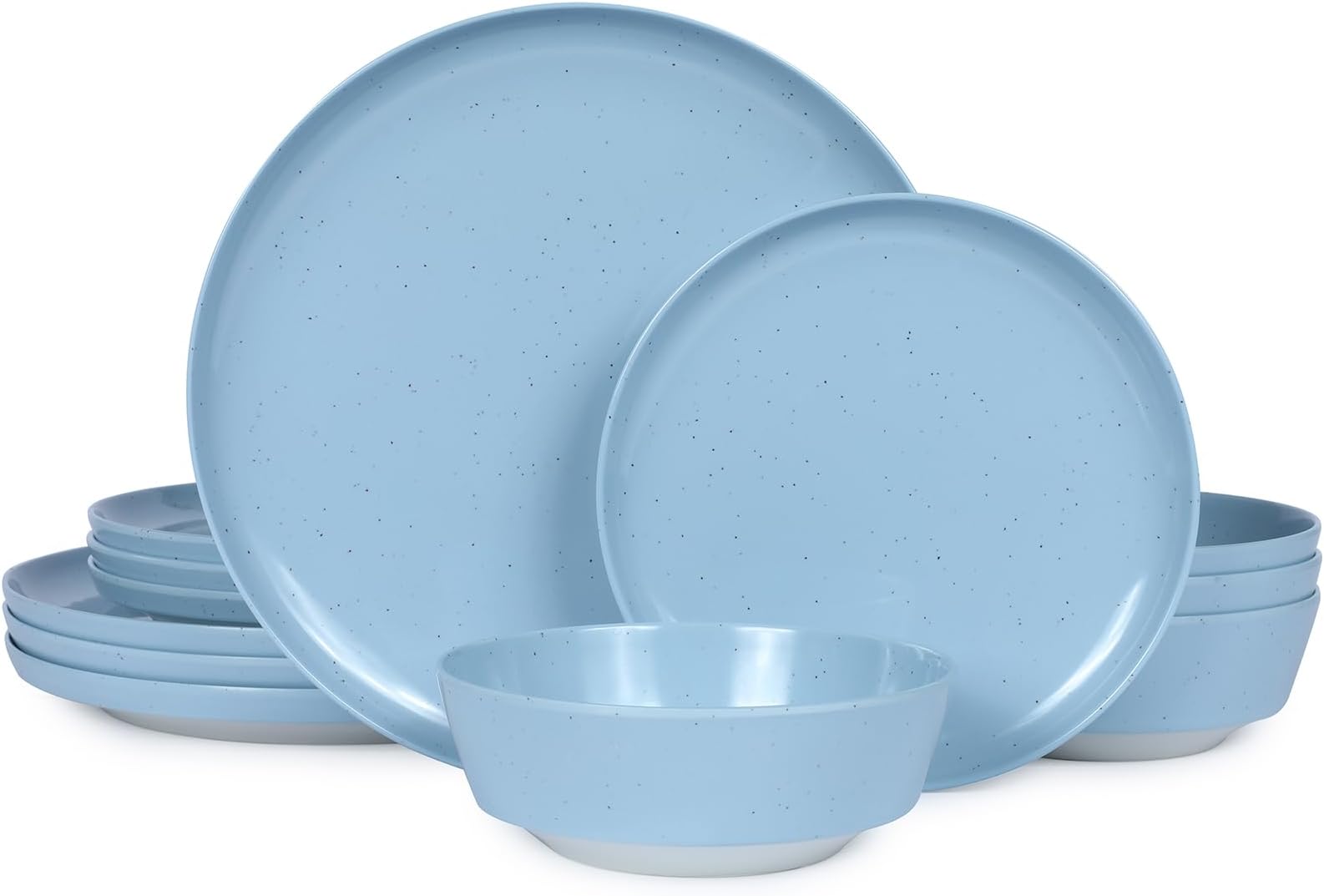 - 12-Piece Melamine Dinnerware Set for 4 – Unbreakable Plates & Bowls, Lightweight, Two-Tone Blue & Beige, Ideal for Family Meals, Camping, Picnic, Parties