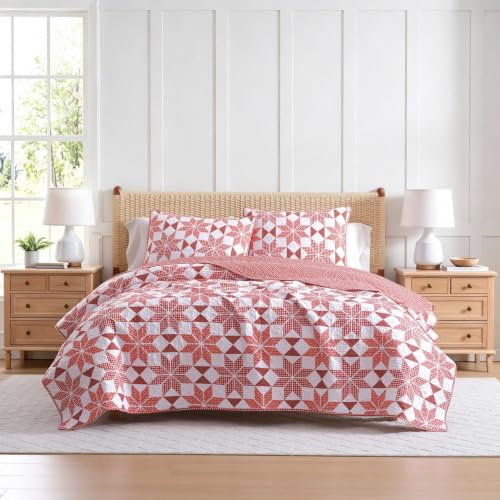Image of Martha Stewart - King Cotton Percale Quilt with Shams, Reversible Bedding | 100% Cotton Percale, 80 /20 Cotton Blend Fill, Breathable, Reversible Star Patchwork, Includes 2 Shams, Machine Washable