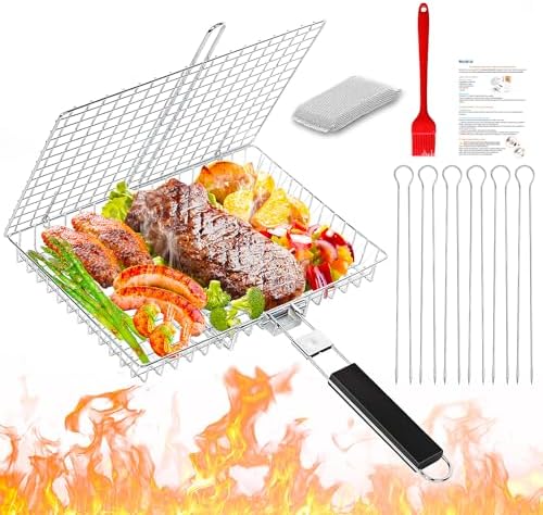 Grill Basket for Outdoor Grill, Stainless Steel Grilling Basket with Foldable Handle, Portable BBQ Cooking Rack for Fish, Vegetables, Shrimp, Chicken - Includes BBQ Skewers 6pcs,Basting Brush,Scrub Sponge-Upgrade