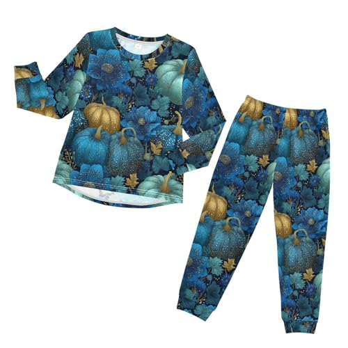 Blue Pumpkins Flowers Soft Pajama Set for All Seasons,Breathable Pjs Long Sleeve Sleepwear,Comfy Loungewear 2 Piece Underwear Set 5T