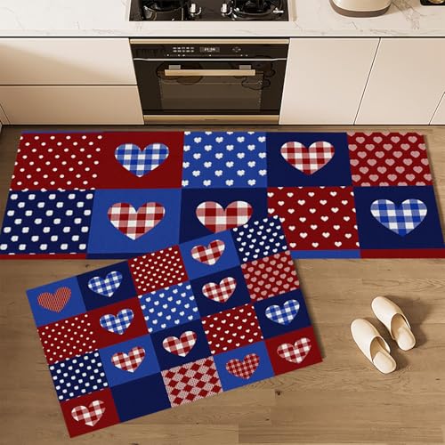 Alfombras de cocina antideslizantes azul marino de pasillo con estampado patchwork y corazones 4