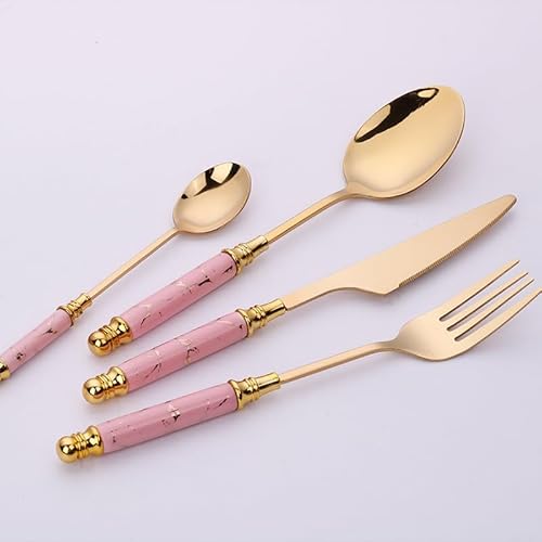 OLSKFUH Cutlery Flatware Cutlery Set, 4/16/24/32/40/48 Pcs Stainless Steel Cutlery Set With Ceramic Handles, Creative Marble Crack Emerald Design,Pink-24 Piece set for 6