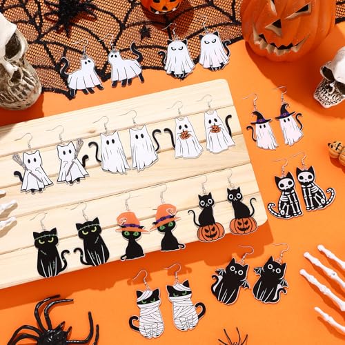 Tondiamo 16 Pairs Halloween Black Cat Earrings Ghost Pumpkin Witch Acrylic Halloween Earring Gothic Spooky Women Jewelry Gift4