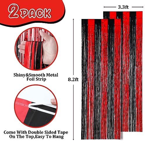 Image of Voircoloria 2 Pack 3.3x8.2 Feet Red and Black Foil Fringe Backdrop Curtains, Tinsel Streamers Birthday Party Decorations, Fringe Backdrop for Graduation, Movie Night, Horror Party