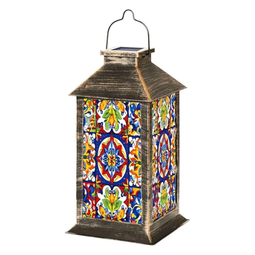 Solar Lantern Mexican Talavera Ceramic Tile Seamless Outdoor Garden Hanging