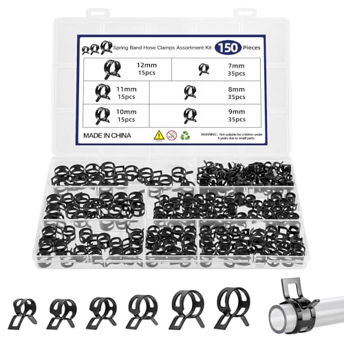 150Pcs Spring Band Hose Clamps Assortment Kit Fuel Line Hose Clamps Low Pressure Air Spring Clips for Silicone Vacuum Hose Pipe Clamps 6 Sizes (7mm 8mm 9mm 10mm 11mm 12mm)
