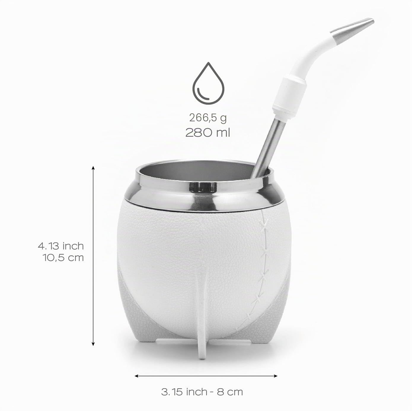 balibetov Mate Argentino - Set elegante y duradero con un Mate Torpedo de Acero Inoxidable, Bombilla y Cepillo de Limpieza (Blanco)