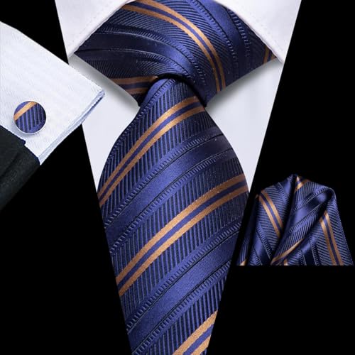 Image of Dubulle Mens Paisley Floral Silk Tie for Men Blue Brown Striped Necktie and Pocket Square Cufflinks Set Wedding Business