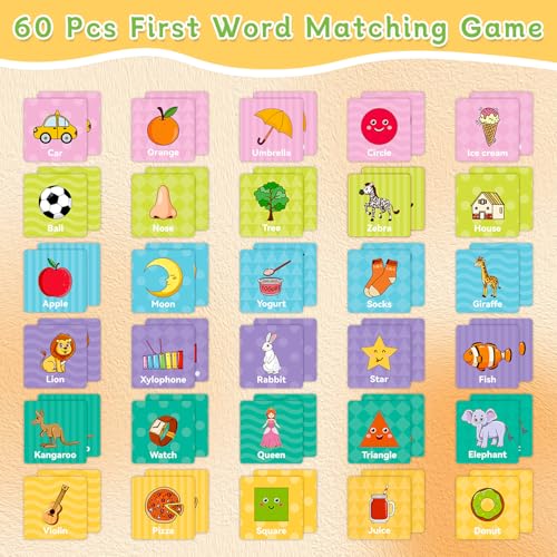 First Words Flashcards-Memory Game, Memory Games for Kids Ages 4-8 & Matching Games for Toddlers 3-5, 60 PCS Phonics Games Flash Cards, Memory Card Game Speech Therapy Materials for Boys & Girls - Thumbnail 2