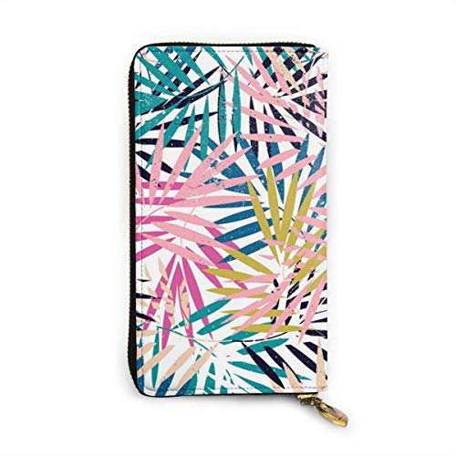 Preisvergleich Produktbild JHGFG farbige Palmblätter zusammen gestapelt echte Lederbrieftasche Lange Damen Geldbörse Handtasche Multi Kartenhalter Organizer für Frauen personalisiert