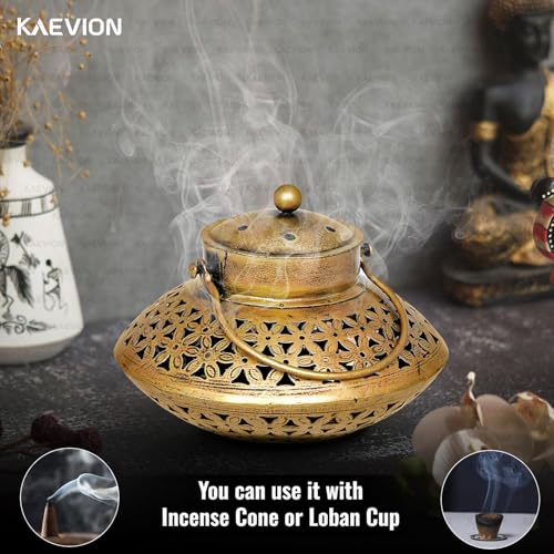 Image of Metal Brass Dhoop Dani Degchi Style Tea Light Candle Holder | Medium Size 7 inch in Wall Hanging Table Top Dhoop Stand Home Decor | Incense Dhup Burner for Pooja Room or Diwali Decoration