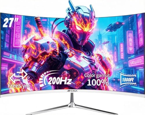 CRUA 27 Inch 180Hz/200Hz Curved Gaming Monitor FHD 1920 * 1080P Frameless 1800R Computer Monitor 1ms GTG with FreeSync Low Motion Blur Eye Care VESA100*100 DisplayPort HDMI white