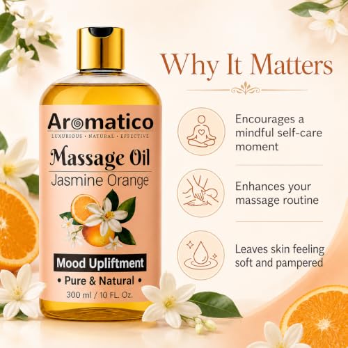 Image of AROMATICO Jasmine Orange Aromatherapy Massage Oil - Jasmine Massage Oil with Almond & Jojoba for Spa Care, Stress Relief & Skin Nourishment | 300ml