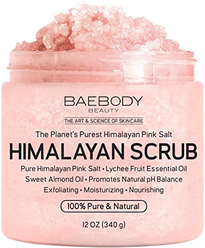 Baebody Himalayan Salt Body Scrub - Deep Exfoliator with Lychee Essential Oil and Sweet Almond Oil - Moisturizes & Promotes Radiant Looking Skin, 12oz