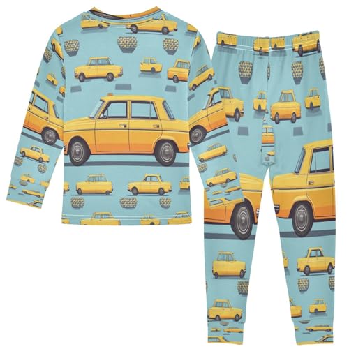 Pajama Sets Long Sleeve Cartoon Yellow Taxi Car Soft Comfy Sleepwear 2 Piece PJS 3-8T3
